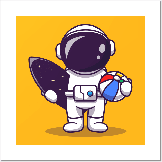 Cute Astronaut Summer With Surfboard And Ball Cartoon Wall Art by Catalyst Labs